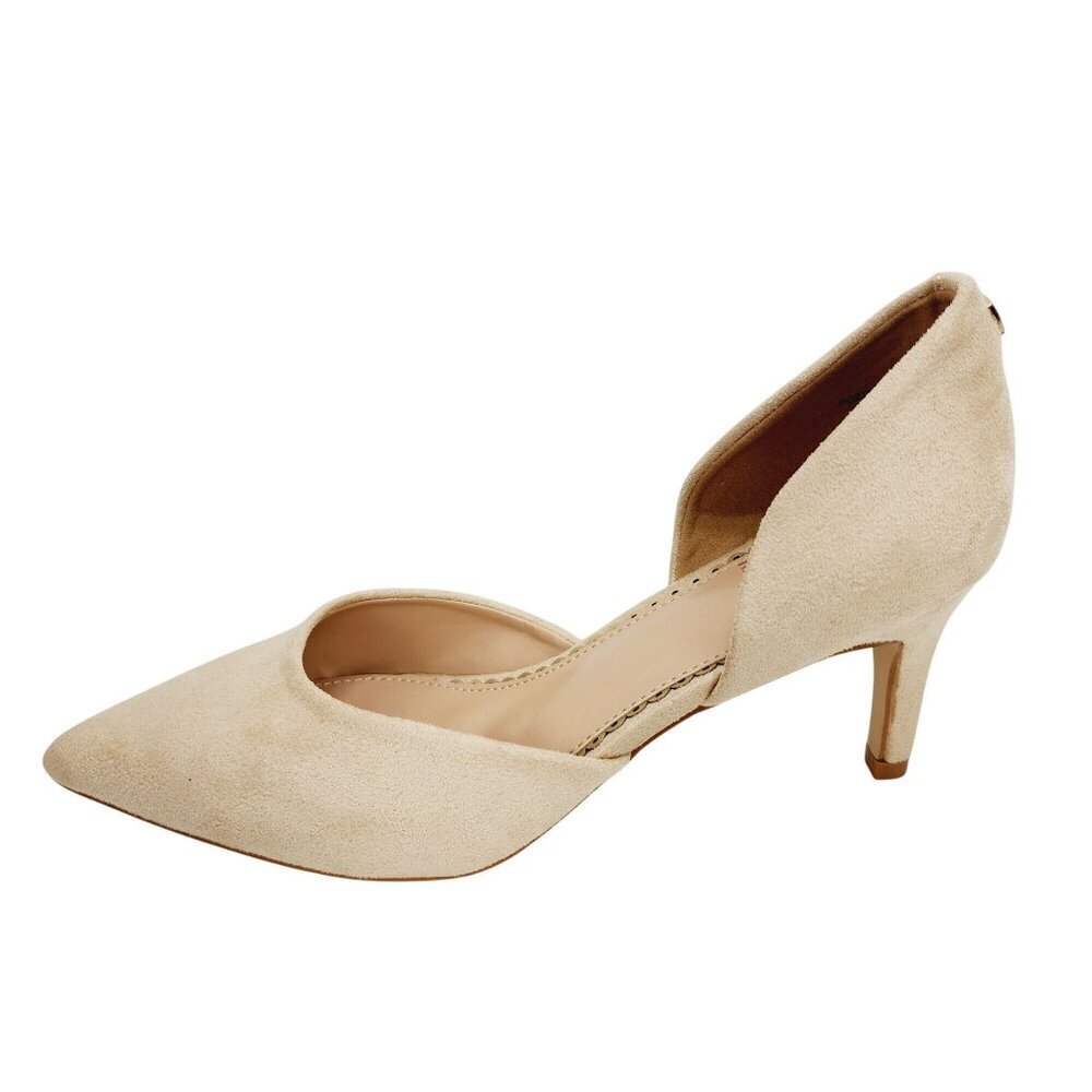Fran Willor Beige Suede Heels Size 7 Pointed Toe DOrsay Style Womens Shoes - Picture 11 of 16